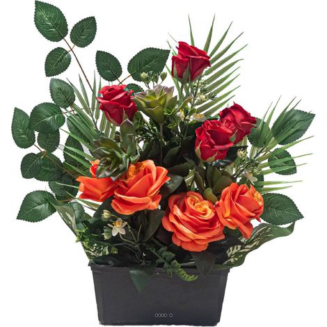 Grande Jardinière de fleurs artificielles Roses pour le cimetière H 50 cm Lg 47 cm Orange - couleur: Orange