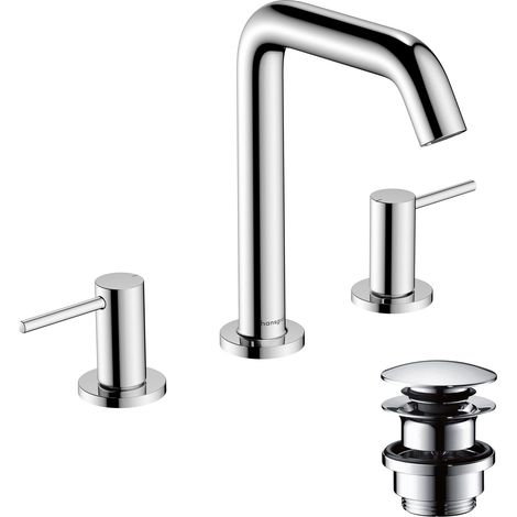 Mitigeur de lavabo 3 trous avec vidage Push-Open, Robinet de salle de bain avec hauteur sous bec 150 mm, économie d'eau, Chromé, 73330000 (1/5)