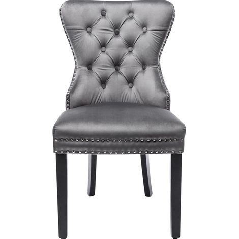 Lot de 2 chaises de salle à manger en velours gris avec pieds en chêne et détails clous et anneau chromé (1/5)