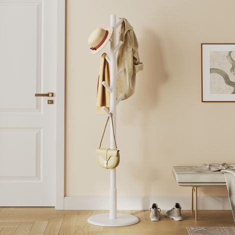 Portemanteau sur Pied en Bois avec 8 Crochets, 3 Hauteurs Réglables, pour Manteaux, Chapeaux, Sacs, Entrée ou Couloir, Panneau MDF, Bois de caoutchouc, Blanc (1/5)