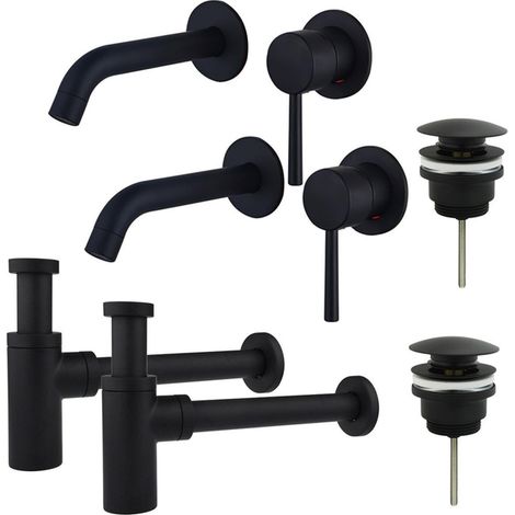 FugaFlow Eccelente Sobrado Kit robinet lavabo - pour double vasque - robinet rehaussé - bonde clic clac - siphon design - Noir mat (1/4)