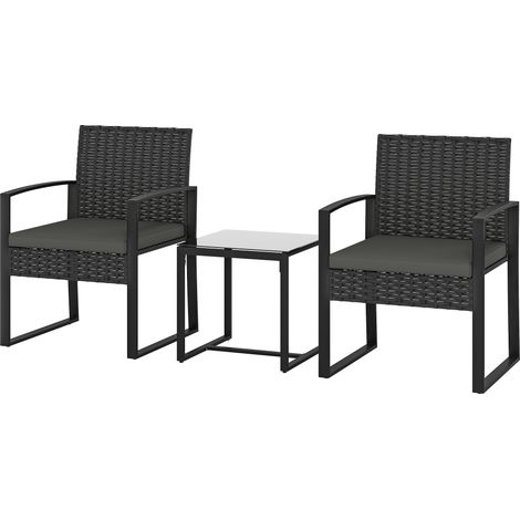 Schwarzes Gartenmöbelset aus Rattan und Kunstharz für 2 Personen, Tisch mit gehärteter Glasplatte und 2 Sessel