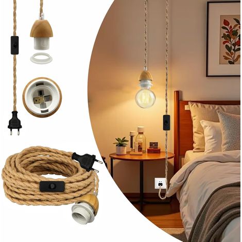 Hemp Rope Chandelier, 5.1 m, E27 Socket with Cable and Switch, Cable Pendant Light Compatible with Lampshade, Industrial Hanging Lamp, Vintage Socket Lamp for Living Room, Bedroom (1/5)