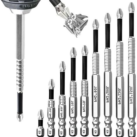 Set di 9 punte per cacciavite Phillips antiscivolo in acciaio legato con punte magnetiche, per avvitatori a batteria e trapani elettrici di precisione. (1/5)