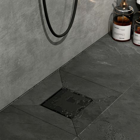 EMKE Quadratische Duschrinne 15 x 15 cm – Befliesbarer Bodenablauf aus Edelstahl mit Siphon und Haarsieb, DN40/50 Mattschwarz (1/5)