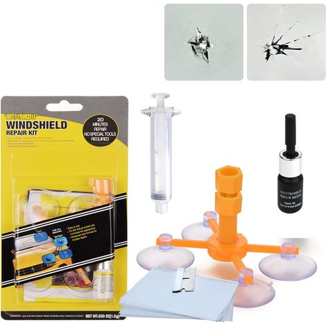 Kit de réparation pour pare-brise de voiture - Kit de réparation pour voiture - Avec pistolet à pression pour verre de voiture, cible, en forme d'étoile et de fissures en forme de demi-lune (1/5)