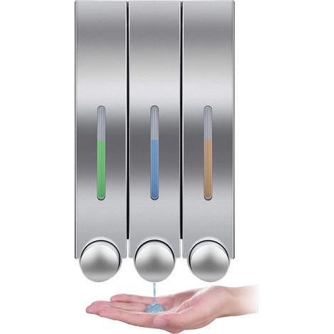 Triple Wall-Mounted Soap Dispenser: Ideal for Shower Gel, Shampoo, and Lotion. Silver, perfect for the bathroom. (1/4)