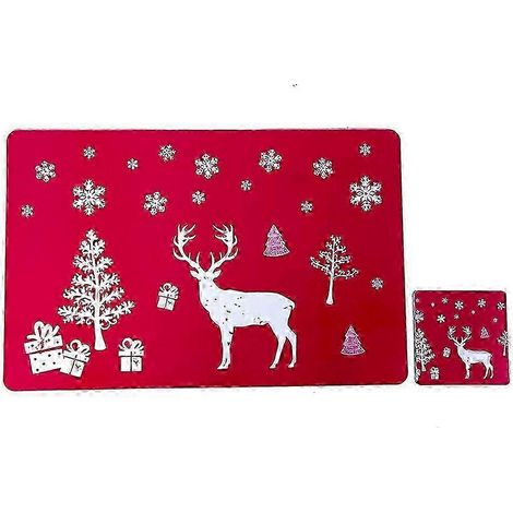 Sets de table de Noël imprimés recto verso, résistants à la chaleur, rouges, lot de 6 + 6 sous-verres, en lin lavable et antidérapant. (1/5)