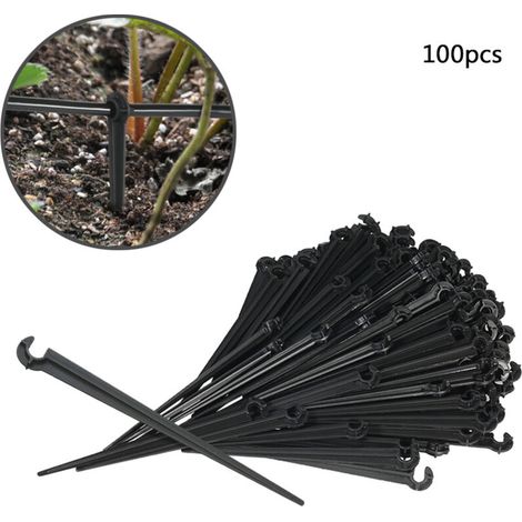 Lot de 100 Piquets de Fixation - Pour Tuyau d'Arrosage Goutte à Goutte - 4 mm / 7 mm - Longueur 11 cm - Noir - Plastique (1/5)