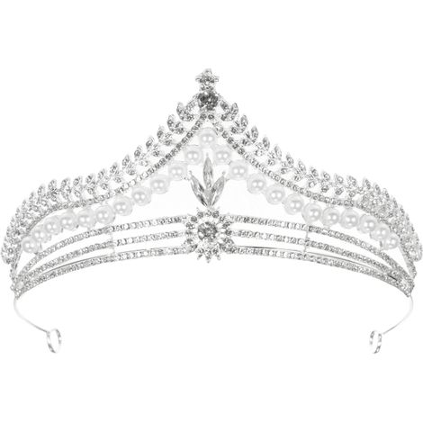 Corona de princesa adornada con pedrería y perlas, un lujoso accesorio para el cabello de mujer, ideal para cumpleaños y bodas. (1/5)