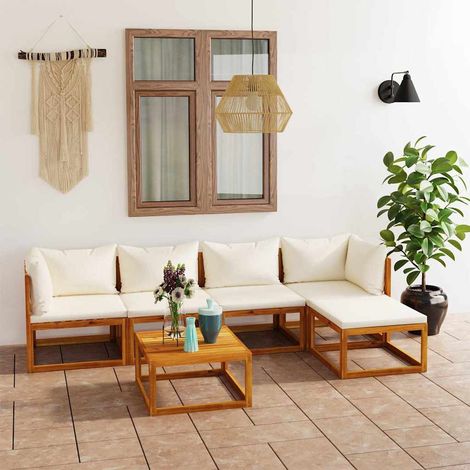 Salon de jardin 6 pcs Ensemble Table et Chaise de Jardin - avec coussin Crème Bois d'acacia solide BV552196 - BonneVie (1/5)