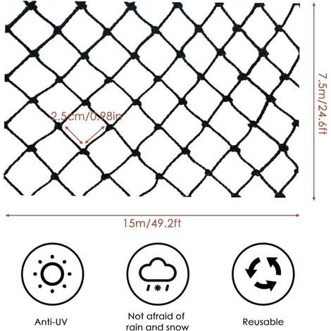Filet Anti Oiseaux 7.5 x 15 m, Filet Protection Oiseaux, Jardin Filet Arbre Fruitier avec 10 Pcs Piquets de Jardin et 30 Pcs Attaches de Cable pour Plante, Arbre, Fruit, Légume, étang - Noir (1/5)