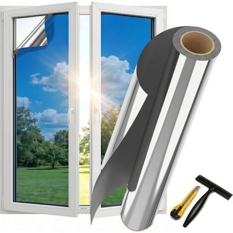 Film Miroir pour fenetre Anti UV Anti Regard avec Kit de Pose Film occultant Fenêtre Bon Effet Miroir Protection de la Vie privée pour Maison Bureau Magasin Argenté 100X200(cm)