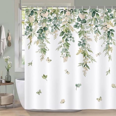 Rideau de Douche Feuilles Vertes, Rideau de Baignoire Feuille Fleur Papillon Eucalyptus 180 x 180 cm Polyester Imperméable Résistant à la Moisissure 12 Crochets (1/5)
