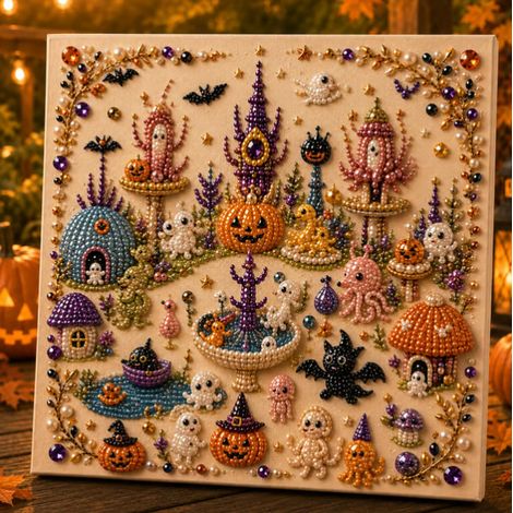 New Halloween Pearl and Diamond Ghost Painting Home Decor Window Decoration DIY Artwork Ornament - Style E - 2020cm Framed