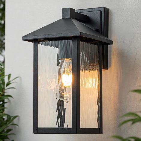 Applique Murale Lanterne Exterieur, Porche Lampe Exterieur E27, Éclairage Mural d'Extérieur avec Verre Ondulé Par l'Eau, Noir Luminaire Extérieur Mural, Lampe Terrasse pour Jardin, IP44 Etanche (1/5)