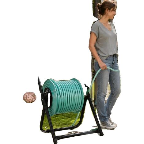 Carrete para manguera, acero con recubrimiento en polvo, para uso exterior, negro. (1/2)