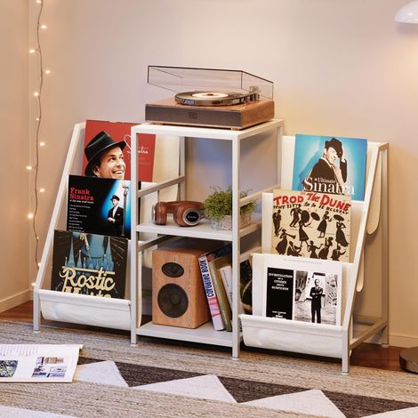 Support pour tourne-disque blanc à 3 niveaux, rangement en vinyle pour jusqu'à 280 LPs, support moderne et table d'appoint pour tourne-disque, design minimaliste, étagère pour salon et studio (1/5)