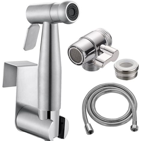 Home Handheld Bidet Ensemble de toilettes pour bébé avec vaporisateur de robinet, tuyau et raccord, Parfait pour Laver les Cheveux ou Nettoyer le Lavabo (Argent) (1/5)