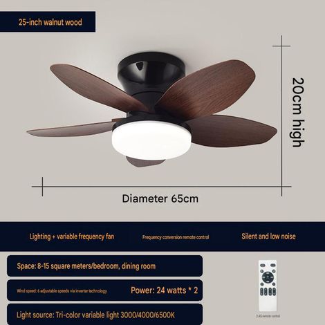 Ventilateur de plafond avec lampe LED silencieuse, pales finition noyer 25 pouces (65 cm), moteur à fréquence variable, pour chambre, salon et bureau, 1 pièce, Noyer (1/5)