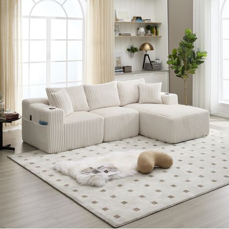 Divano con chaise longue modulare in corduroy beige 257x90-160x62 cm, con portabicchieri e 5 cuscini (1/5)