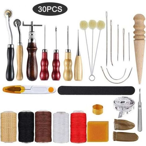 Conjunto de 30 piezas de herramientas para marroquinería. Para zapatos de cuero, bolsos, cinturones. Costura de cuero, marcado, tratamiento, costura y troquelado. (1/4)