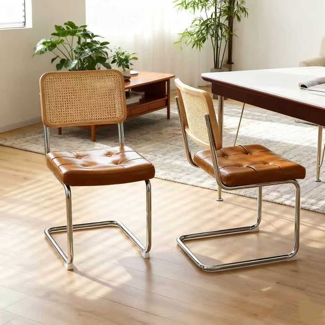 Lot de 2 chaises de salle à manger, Chaise luge cantilever pour cuisine et salon, en acier chromé rotin et simili-cuir, Marron (1/5)