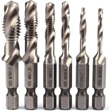 6pcs HSS Jeu de Foret Mèche à 1/4" Tige Hexagonale Set Robinet de Foreuse de Combinaison HSS Bit M3-M10 Filetage Métrique Drill Pour Bois fer Aluminium Argent (1/5)