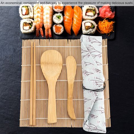 Kit 9 pièces en bambou pour sushi : 2 nattes à rouler, 5 baguettes, 1 spatule et 1 couteau à sushi (1/5)