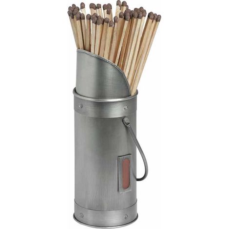 Antique Pewter Match Holder with 60 Matches - Steel/Wood - L7 x W7 x H20 cm - Silver/Steel