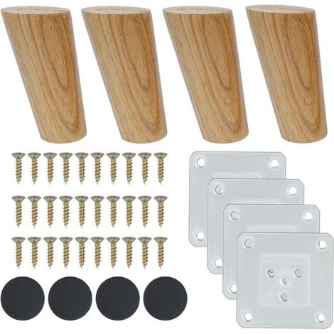 4pcs Pieds de Meuble en Bois 10cm Inclinés - Pieds de Rechange Massifs pour Canapé, Fauteuil, Table, Meuble TV avec Accessoires (1/4)