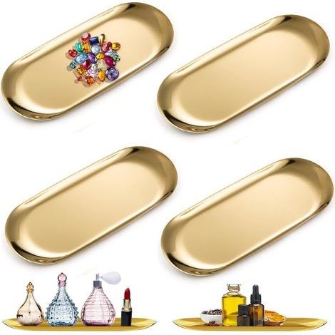 4 Pièces Plateau Doré, Plateau Ovale, Plateau de Rangemen Doré, Inoxydable Plateau Rangement en Métal pour Collation Fruits Bougies Bonbons, Clé, Cosmétiques, Bijoux (1/4)