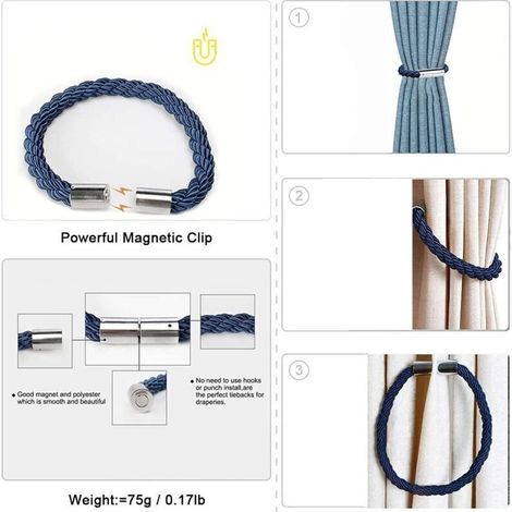 Embrasses Magnétiques pour Rideaux Lot de 2 en Corde Tressée Bleue avec Aimant Puissant Décoration Moderne pour Porte-Rideau (1/5)