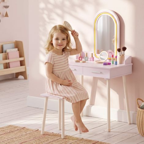 Tocador infantil 2 en 1: mesa de tocador, escritorio con taburete, espejo LED con 3 colores de luz, 2 cajones, para niños de 3 a 8 años. (1/5)