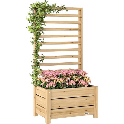 Hochbeet mit Rankgitter Holz erhöhter Blumenkasten mit Spalier Abflussloch Vliesstoff 60 x 39 x 120 cm Naturholz