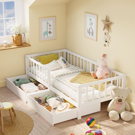 Letto Singolo per Bambini Bealife 95 x 200 cm Struttura in Legno Massello con 2 Cassetti per 3 ai 9 Anni Bianco (1/5)