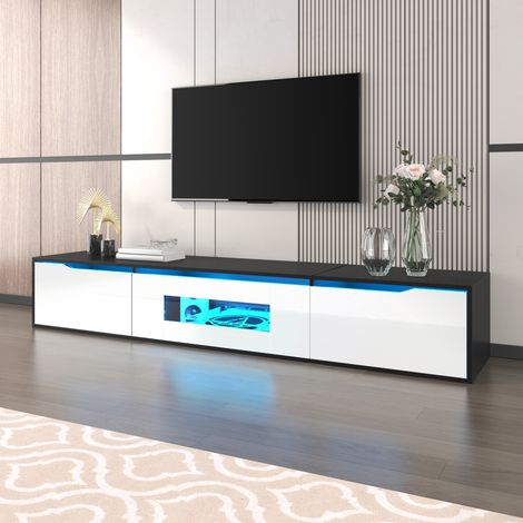 Meuble TV brillant 180 cm noir et blanc éclairage LED USB multicolore fixation murale possible meuble bas salon (1/4)