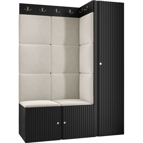 Meuble d'entrée Hartford 385, Noir, 186x124x46cm, MDF, Stratifié, Tissu, Murale, À poser