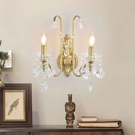 2-Light Modern Crystal Wall Light with Teardrop Crystals and Metal Frame, Gold Wall Mounted Lamp for Bedroom, Living Room, Bedside, Corridor (1/5)