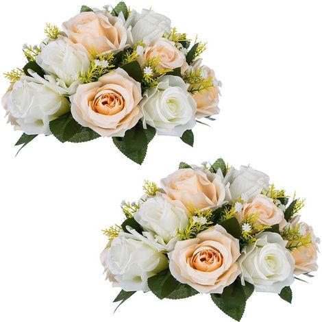 Lot de 2 bouquets de fleurs artificielles 15 têtes de roses, décoration florale rose champagne et blanc pour intérieur et maison (1/5)