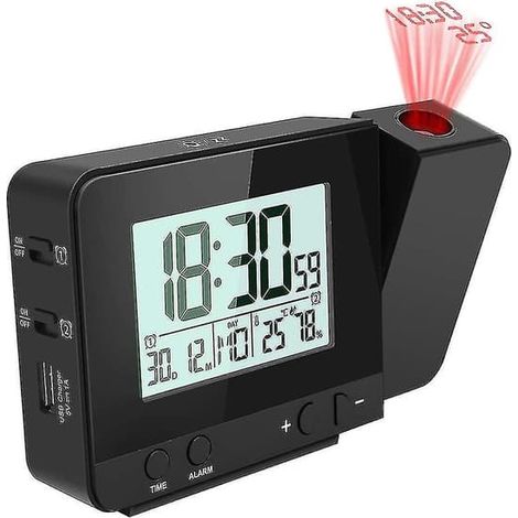 Réveil projecteur pour chambre, grand réveil avec projection au plafond avec port USB, batterie de secours, projecteur 180, affichage LED Noir - couleur (1/5)
