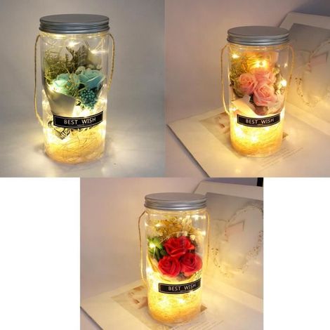 Bottiglia dei desideri con luce notturna, romantiche rose stabilizzate, che non appassiscono mai, luce notturna, bottiglia decorativa, piccole rose rosse (1/4)