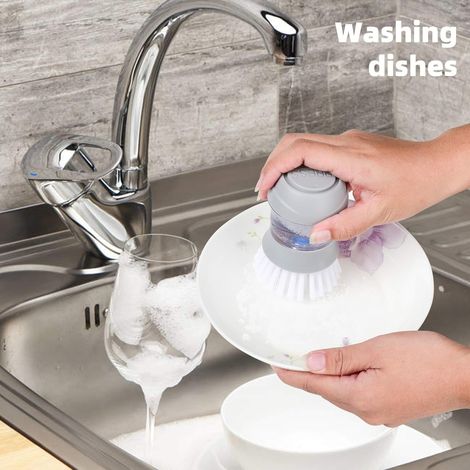 Brosse de cuisine avec distributeur de savon intégré, brosse à vaisselle, brosse à récurer pour évier, mini brosse à récurer avec support, brosse à vaisselle avec savon intégré, brosses pour évier et (1/5)