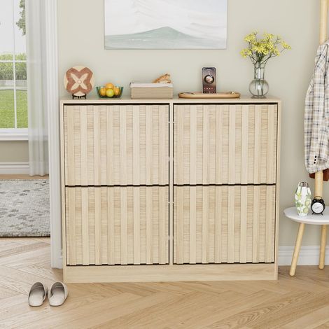 UEV Armoire à Chaussures avec 4 Abattants, Meuble à Chaussures Inclinable, Étagère Réglables et Amovibles, Motif en Ligne, pour Entrée, Couloir, Salon, 102 x 24 x 86,5cm, Naturel
