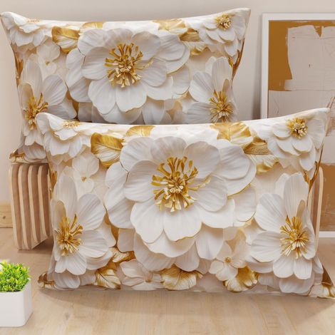 Lot de 2 Taies d'Oreillers 50x70 cm 100% Microfibre Hypoallergénique, Housse Oreiller Rectangulaire Motif Floral Blanc Doré, Paquet de 2