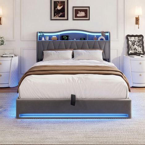 Lit Coffre 160x200, LED Lit Rembourré USB/Type-C, Lit 2 Personnes, Tête Lit Rangement, Applicable Petit Meuble Rangement Appartement Créant Ambiance Douillette Moment Coucher (Gris) (1/5)