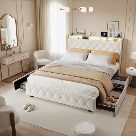 Design-Bett mit LED 160x200 cm mit Ladeanschluss, Leinenbezug, 2 Stauraumfächer, modernes Doppelbett für Jugendzimmer - Beige