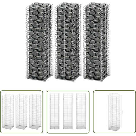 The Living Store Jeu de panier de gabion 3 pcs Fil galvanisé 25x25x100 cm - Panneau De Cloture - Clôture Design - Clôture Moderne - Clôture Métallique - Clôture Argent (1/5)