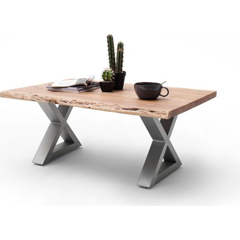 Table basse en acacia naturel et acier chromé avec pietement en X (1/4)
