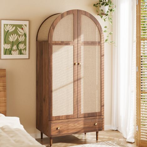 MODFU – Armoire penderie 79x50x175 cm MDF – Portes tissu et tiroir – Effet bois noyer et 60 kg – Chambre – Noyer (1/5)